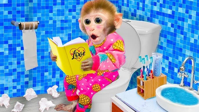 Monkey reading books in toilet